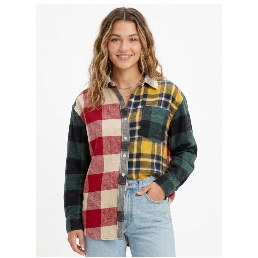 American Eagle Patchwork Flannel Shirt S Multicolor Plaid Button Cotton Grunge